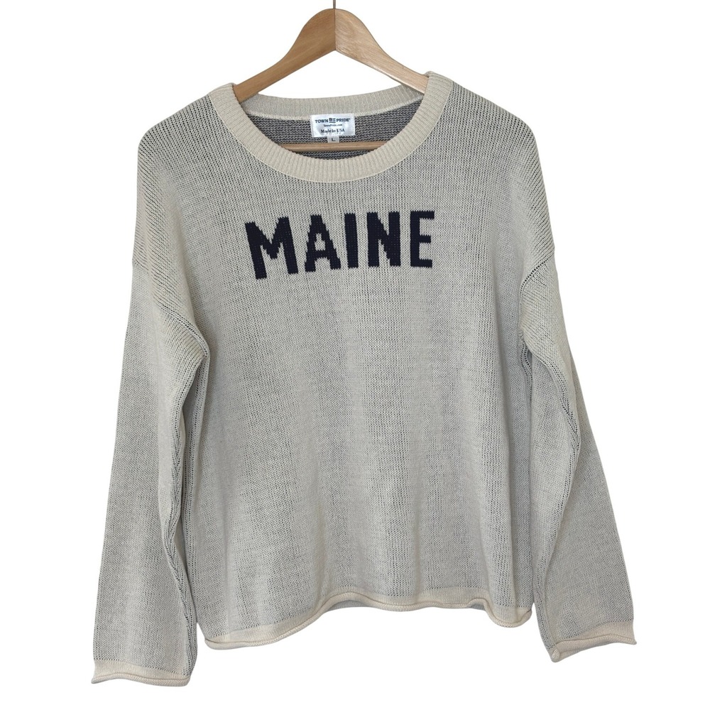 Town Pride Maine Crew Neck Sweater Cream Navy Blue Knit Made in USA Size L